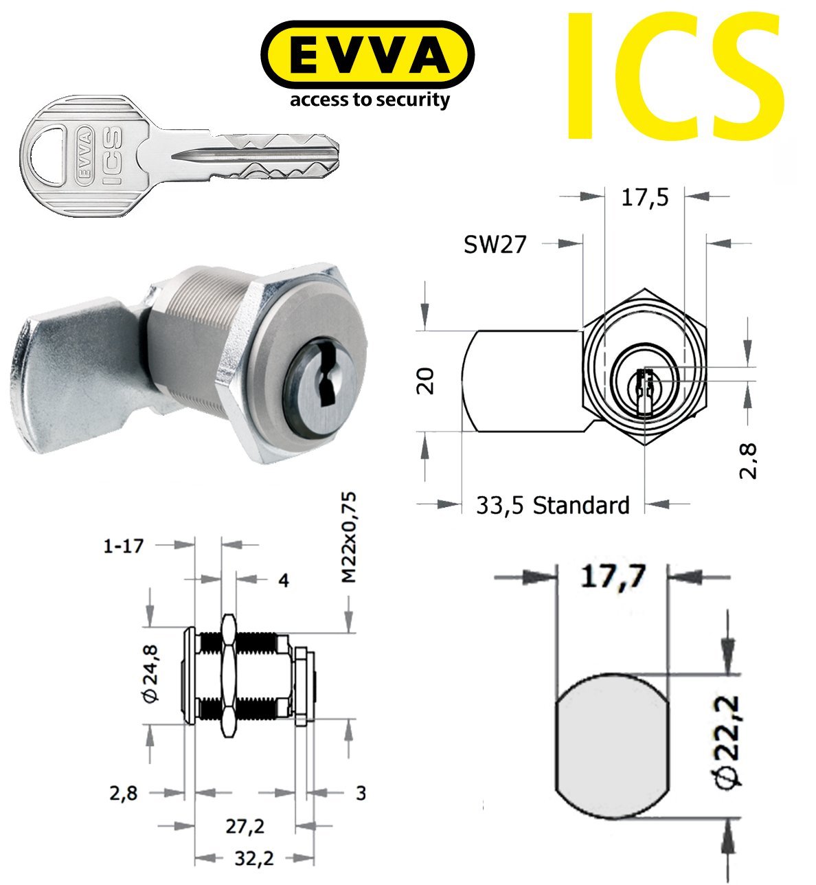 EVVA ICS MB23 Camlock high security with 2 keys