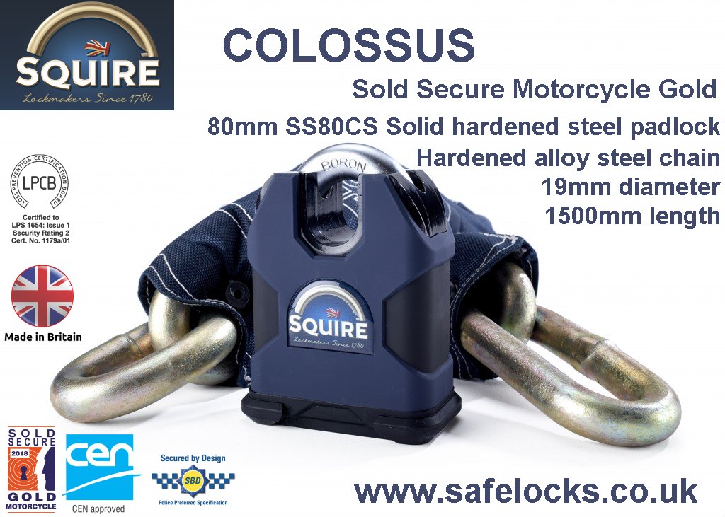 Squire Colossus high secuirty Evva ICS keys Sold Secure Gold padlock and chain 