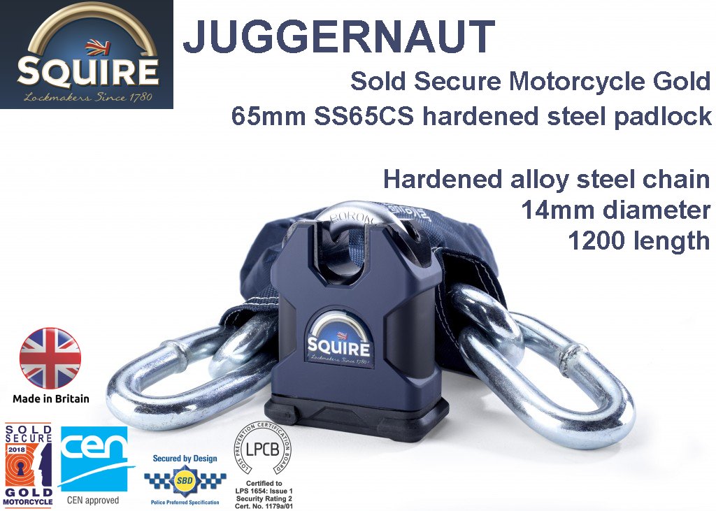 Squire Juggernaut Sold Secure Motorcycle Gold padlock and chain set
