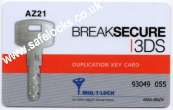 Mul-T-Lock 3DS Breaksecure AZ21 Cylinder keys cut to code