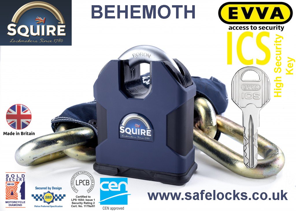Squire Behemoth high secuirty Evva ICS keys Sold Secure Diamond padlock and chain 