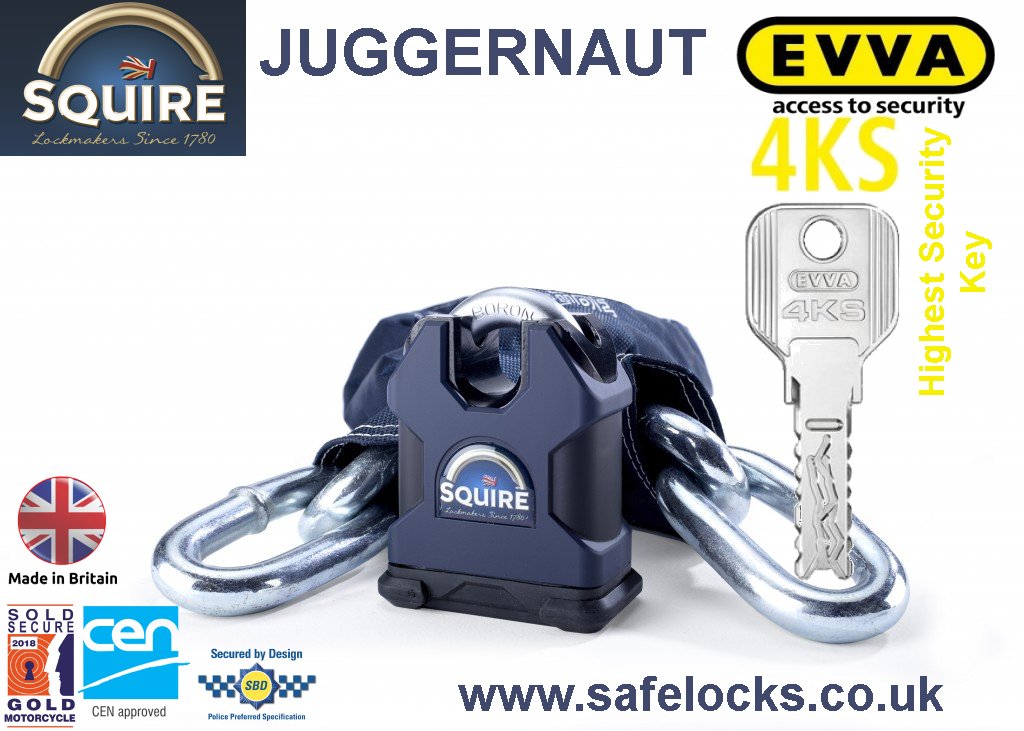 Squire Juggernaut high secuirty Evva 4KS keys Sold Secure Gold padlock and chain 