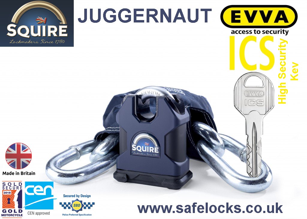 Squire Juggernaut high secuirty Evva ICS keys Sold Secure Gold padlock and chain 