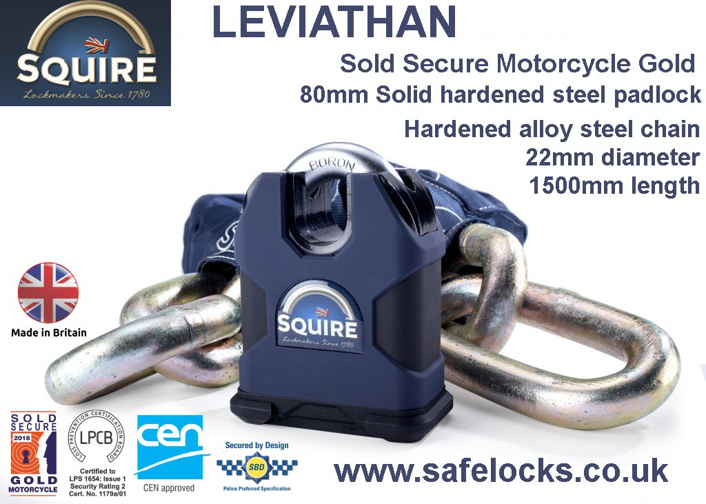 Squire Leviathan Sold Secure Motorcycle Gold padlock and chain set