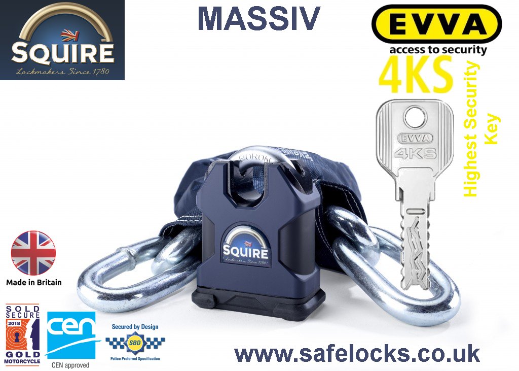 Squire Massiv padlock and chain set with highest secuirty Evva 4KS keys