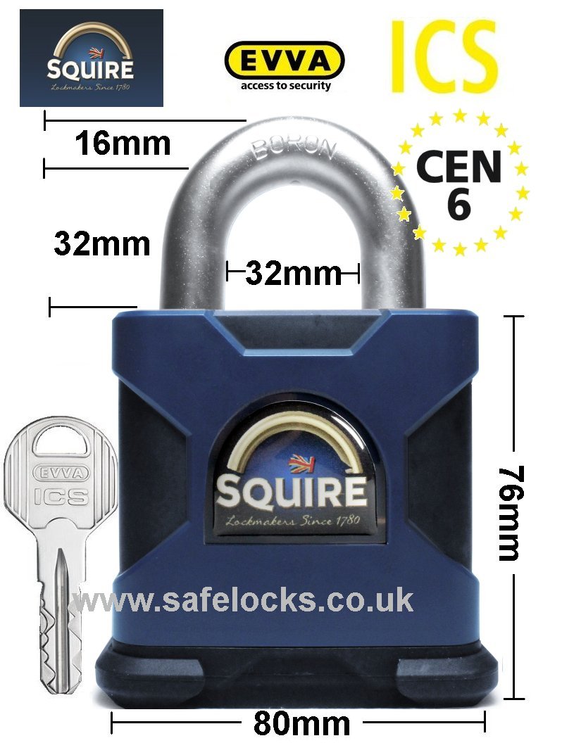 Squire SS80S CEN 6 rated high security padlock with Evva ICS patented key 
